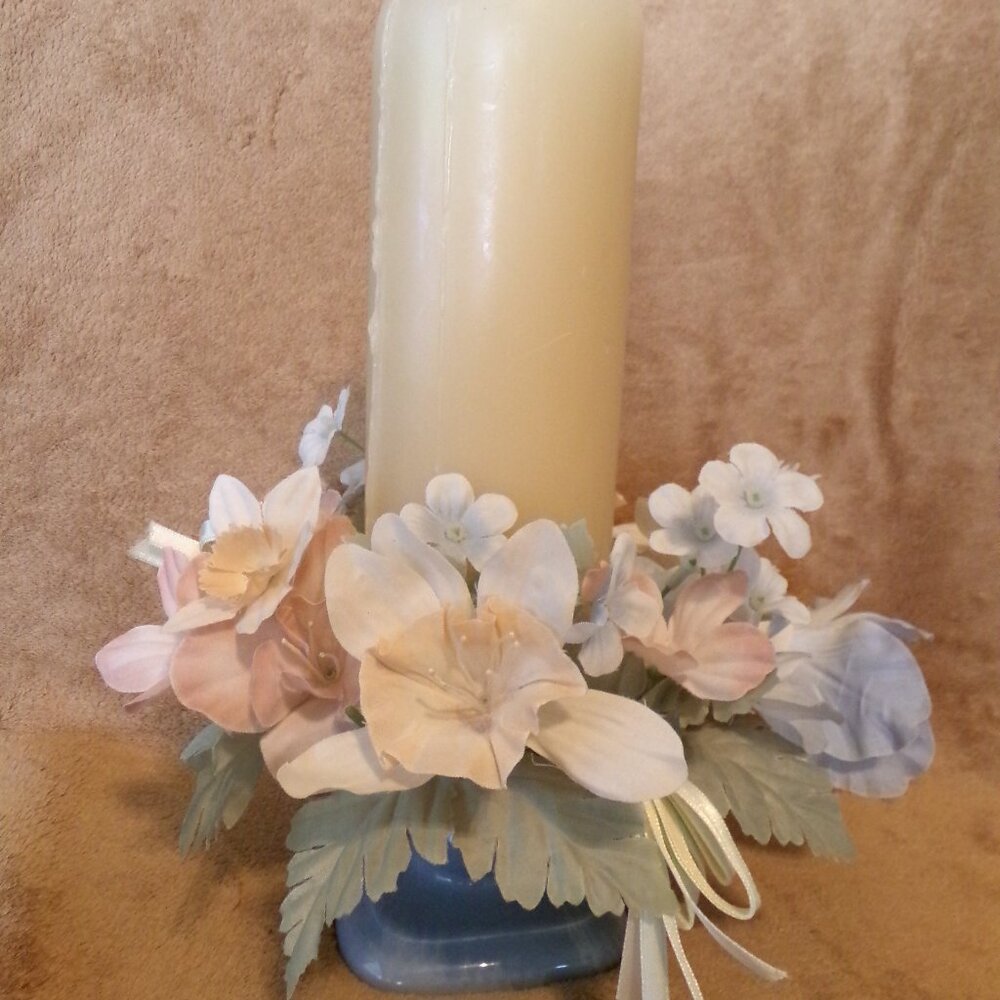 Vintage Partylite Blue Ceramic Base, Blue/Peach Floral Ring & Candle